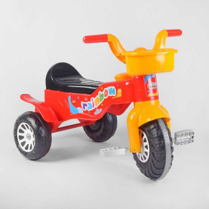 Велосипед триколісний 07-116 (1) “Pilsan” колір Червоно-жовтий, пластикові колеса з прогумованою накладкою, пищалка, кошик, у пакеті