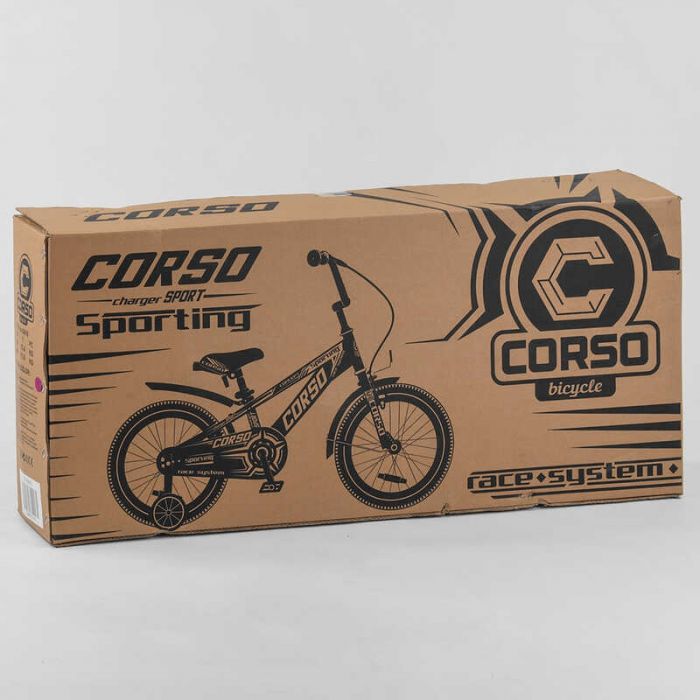 Велосипед 16 "дюймов 2-х колесный" CORSO" R-16119 (1) ручной тормоз, колокольчик, дополнительные колеса, СОБРАННЫЙ НА 75 в коробке