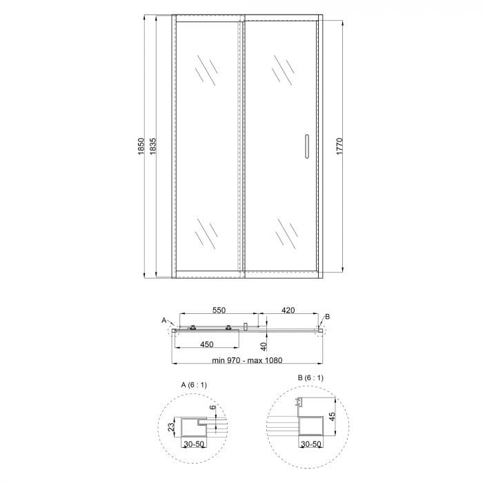 Душевые двери в нишу Qtap Taurus CRM201-11.C6 97-108x185 см, стекло Clear 6 мм, покрытие CalcLess