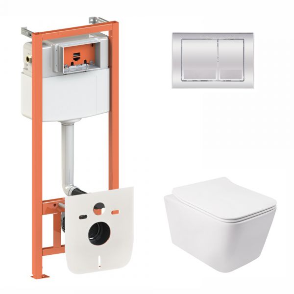 Набір Qtap інсталяція 3 в 1 Nest QT0133M425 з панеллю змиву квадратною QT0111M06028CRM + унітаз з сидінням Crow QT05335170W
