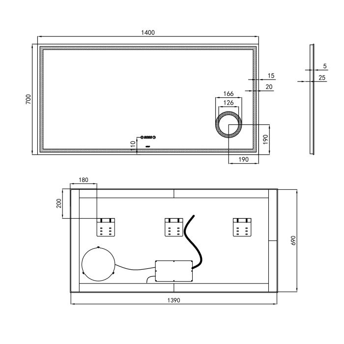 Зеркало Qtap Stork 1400х700 с LED-подсветкой Touch, линза, цифровые часы, димер, рег. яркости QT1578142270140W