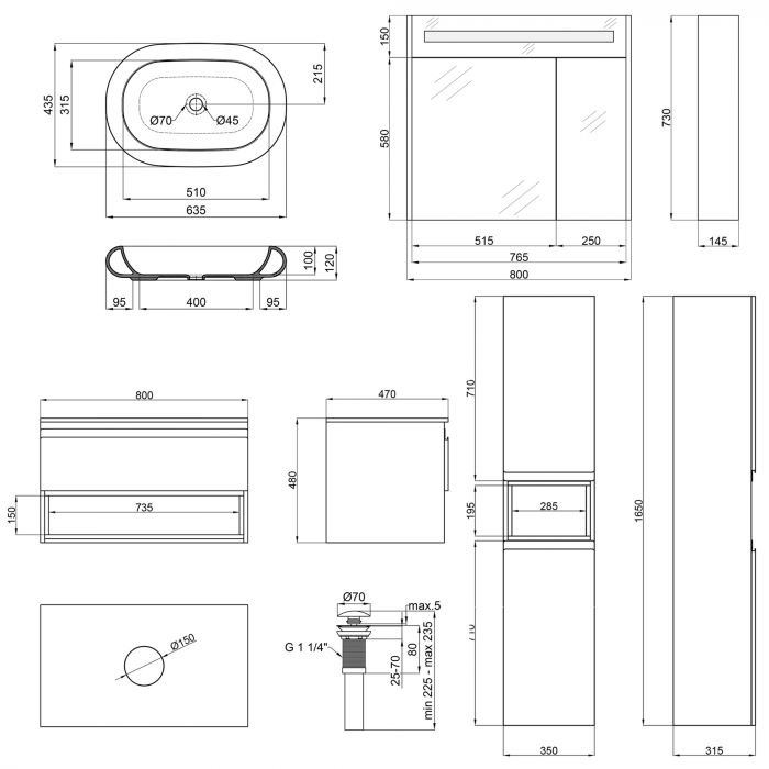 Комплект меблів для ванної Qtap Robin тумба + раковина + дзеркальна шафа + пенал QT044RO42980