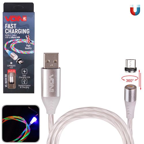 Кабель магнітний Multicolor LED VOIN USB - Micro USB 3А, 1m, (швидка зарядка / передача даних) (VC-1601M RB)