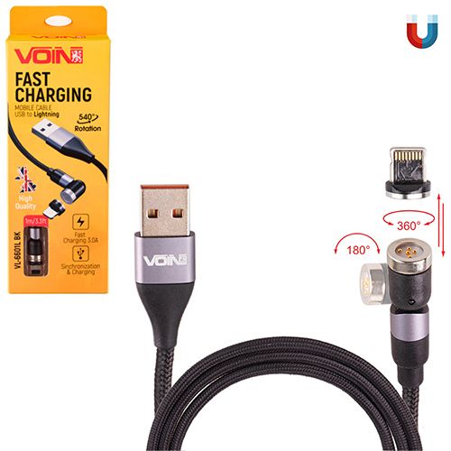 Кабель магнітний шарнірний VOIN USB - Lightning 3А, 1m, black (швидка зарядка / передача даних) (VL-6601L BK)