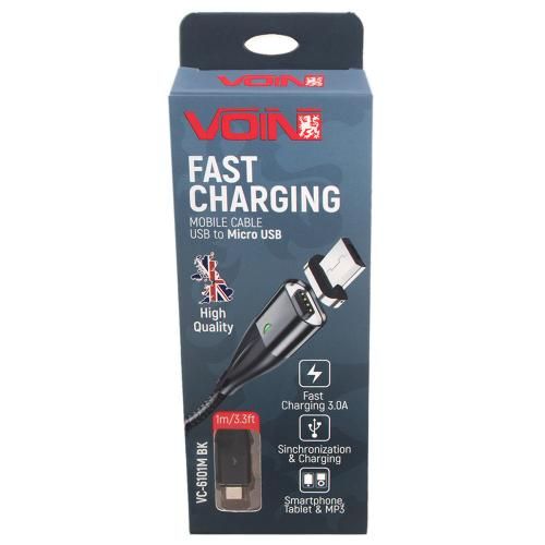 Кабель магнитный VOIN USB - Micro USB 3А, 1m, black (быстрая зарядка/передача данных)