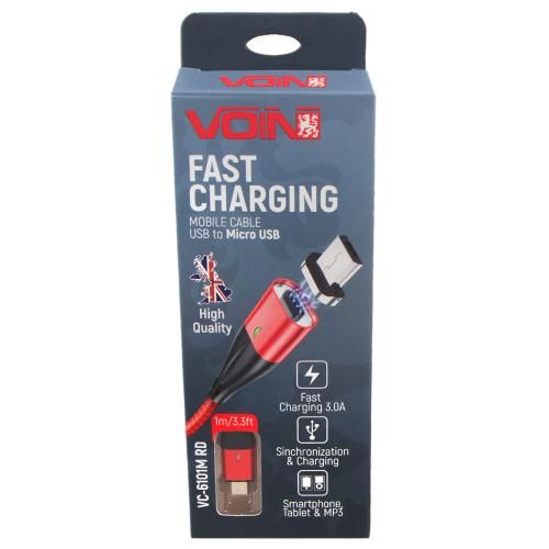 Кабель магнитный VOIN USB - Micro USB 3А, 1m, red (быстрая зарядка/передача данных)