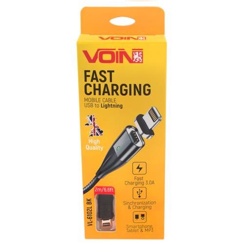 Кабель магнітний VOIN USB - Lightning 3А, 2m, black (швидка зарядка / передача даних)