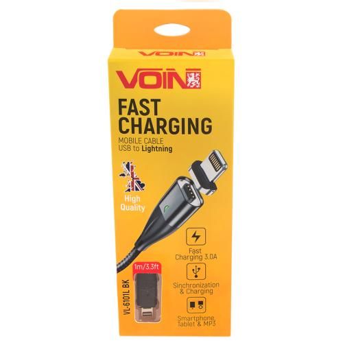 Кабель магнитный VOIN USB - Lightning 3А, 1m, black (быстрая зарядка/передача данных)