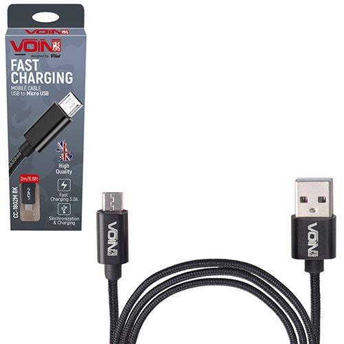 Кабель VOIN USB - Micro USB 3А, 2m, black (швидка зарядка/передача даних) (CC-1802M BK)