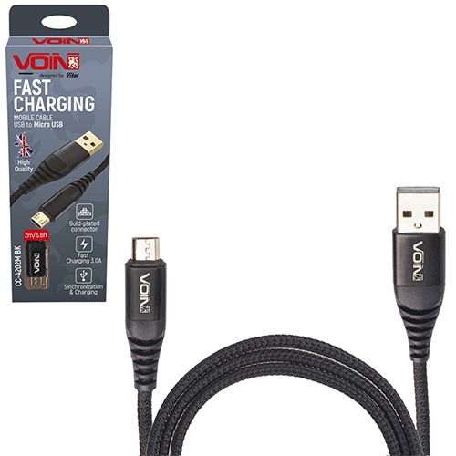 Кабель VOIN CC-4202M BK USB - Micro USB 3А, 2m, black (швидка зарядка/передача даних) (CC-4202M BK)