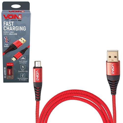 Кабель VOIN CC-4201M RD USB - Micro USB 3А, 1m, red (быстрая зарядка/передача данных) (CC-4201M RD)