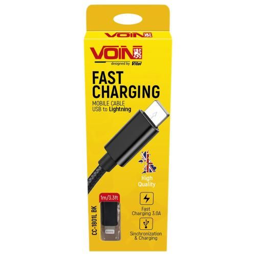 Кабель VOIN USB - Lightning 3А, 1m, black (быстрая зарядка/передача данных) (CC-1801L BK)