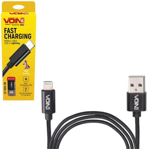 Кабель VOIN USB - Lightning 3А, 1m, black (быстрая зарядка/передача данных) (CC-1801L BK)