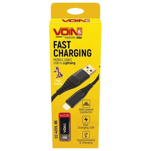 Кабель VOIN CC-4201L BK USB - Lightning 3А, 1m, black (швидка зарядка/передача даних)