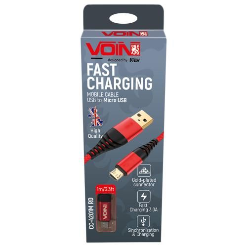 Кабель VOIN CC-4201M RD USB - Micro USB 3А, 1m, red (быстрая зарядка/передача данных)