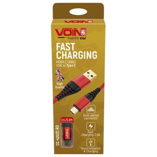 Кабель VOIN CC-4202C RD USB - Type C 3А, 2m, red (швидка зарядка/передача даних) (CC-4202C RD)