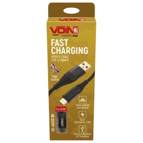 Кабель VOIN CC-4202C BK USB - Type C 3А, 2m, black (швидка зарядка/передача даних) (CC-4202C BK)