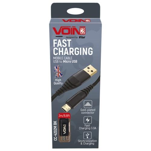 Кабель VOIN CC-4202M BK USB - Micro USB 3А, 2m, black (швидка зарядка/передача даних)