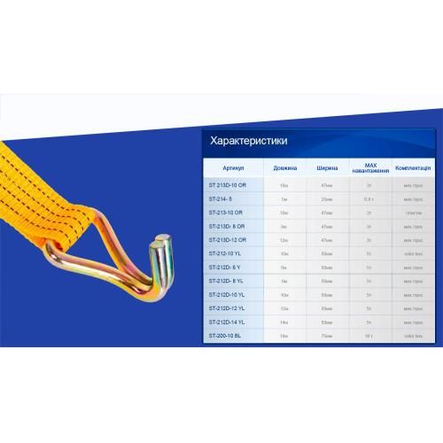 Ремінь стяжний 5т ST-212D-10 YL 50мм х 10м (мех./трос)