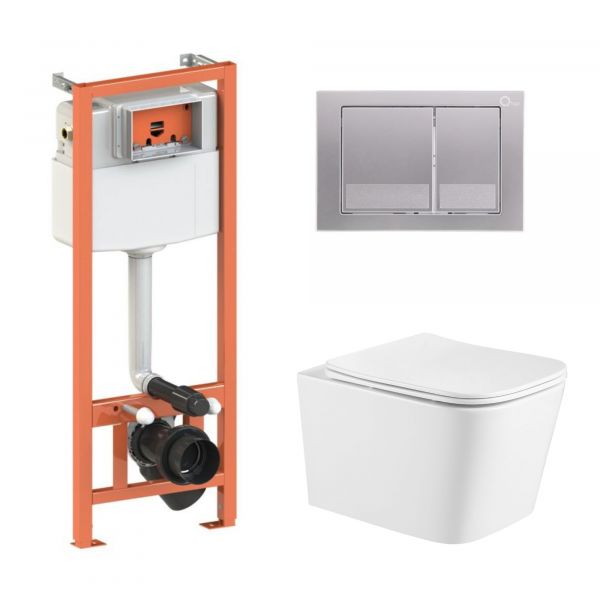 Комплект: Qtap Crow Ultra Quiet подвесной унитаз QT05335171W + Nest комплект установки 4в1 (квадратная клавиша Satin) QT0133M425 + M06029SAT