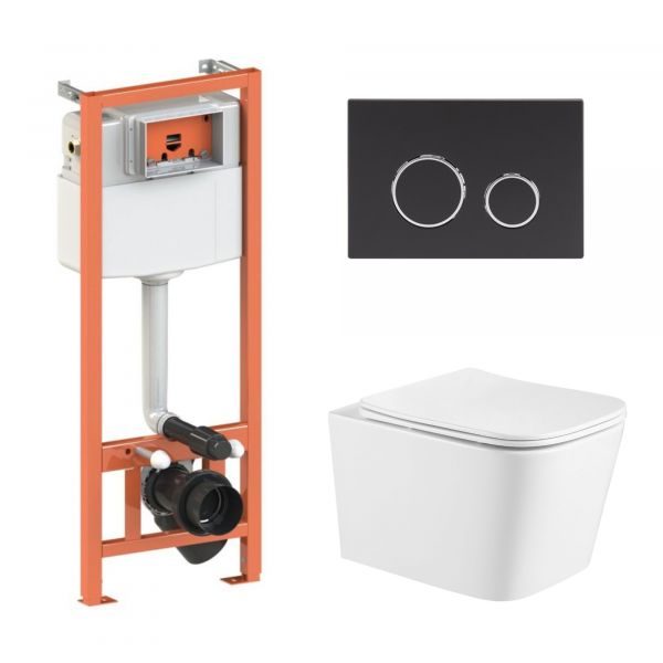 Комплект: Qtap Crow Ultra Quiet подвесной унитаз QT05335171W + Nest комплект установки 4в1 (круглая клавиша Black mat) QT0133M425 + M11V1146MB
