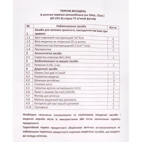 Аптечка медицинская автомобильная (07-271-А), 16ед. 21шт красный мягкий футляр (07-271-А)