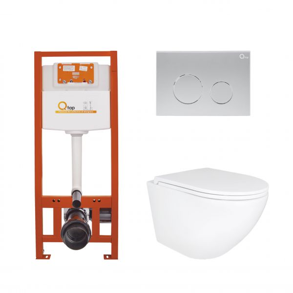 Комплект: Qtap Robin Ultra Quiet подвесной унитаз QT1333046EUQW + Nest комплект установки 4в1 (круглая клавиша Satin) QT0133M425 + QT0111M11111SAT