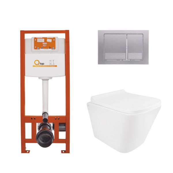 Комплект: Qtap Tern Ultra Quiet подвесной унитаз QT1733052EUQW+Nest комплект установки 4в1 (квадратная клавиша Satin) QT0133M425+QT0111QT0111M06029SAT