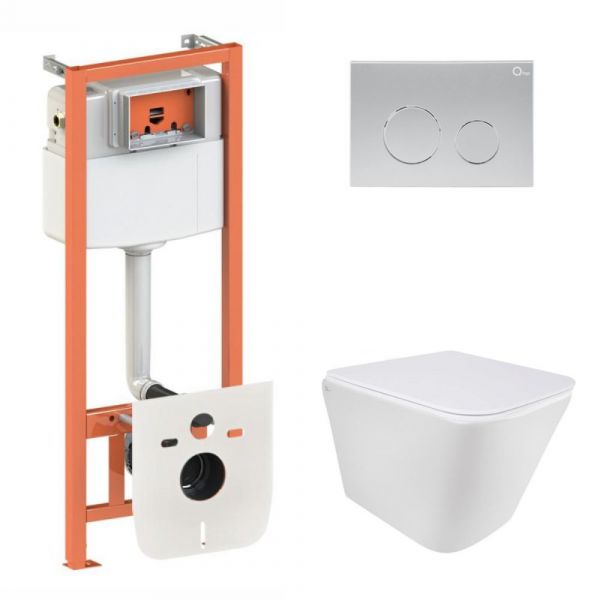 Комплект: Qtap Tern Ultra Quiet подвесной унитаз QT1733052EUQW + Nest комплект установки 4в1 (круглая клавиша Satin) QT0133M425 + QT0111M11111SAT