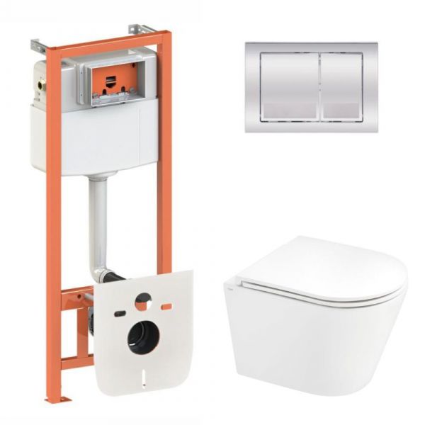 Комплект: Qtap Scorpio Ultra Quiet подвесной унитаз QT1433053EUQW + Nest комплект установки 4в1 (квадратная клавиша Chrome) QT0133M425 + M06028CRM