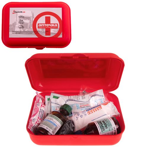 Аптечка медична автомобiльна згiдно ТУ(02-053-М), червоний пластиковий футляр