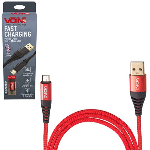 Кабель VOIN USB - Micro USB 3А, 2m, red (быстрая зарядка/передача данных)