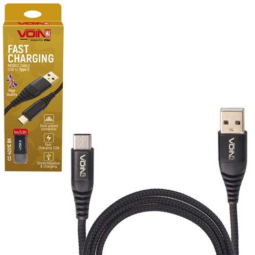 Кабель VOIN USB - Type C 3А, 1m, black (быстрая зарядка/передача данных)