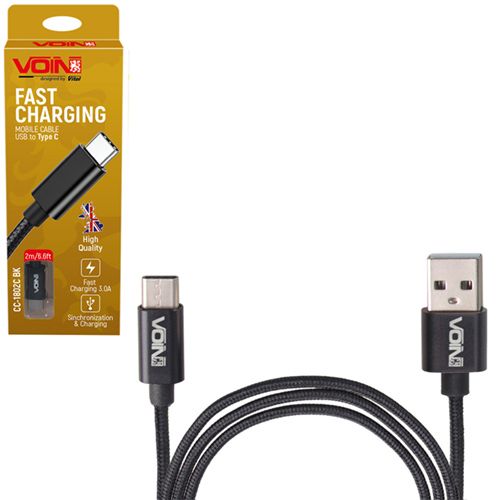 Кабель VOIN USB - Type C 3А, 1m, black (швидка зарядка/передача даних) (CC-1801C BK)