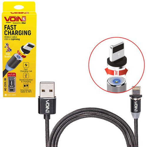 Кабель магнитный VOIN USB - Lightning 2,4А, 1m, black (только зарядка)