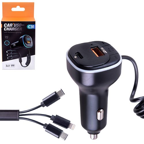 Модулятор FM 5в1 С31 12-24v USB 5V-3.1A Type C 5V-3.1A 3in1 charging cable BT5.0 RGB-ambient light (C31)