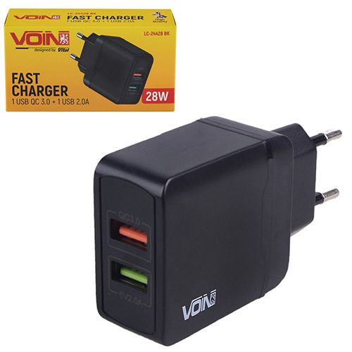 Мережевий зарядний пристрій VOIN 28W, 2 USB, QC3.0 (Port 1-5V*3A/9V*2A/12V*1.5A. Port 2-5V2A)