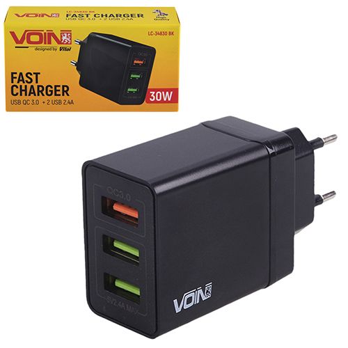 Сетевое зарядное устройство для VOIN 30W, 3 USB, QC3.0 (Port 1-5V*3A/9V*2A/12V*1.5A. Port 2/3-5V2.4A)