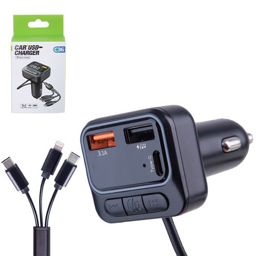 Модулятор FM 5в1 C36 12-24v 2USB 5V-3.1A Type C 5V-3.1A 3in1 charging cable BT5.0 RGB-ambient light