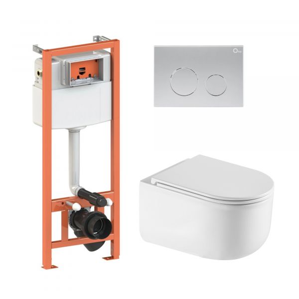 Комплект: Qtap Taurus Ultra Quiet подвесной унитаз QT2433084EUQW + Nest комплект инсталляции 4в1 (Клавиша круглая Satin) QT0133M425 + QT0111M11111SAT