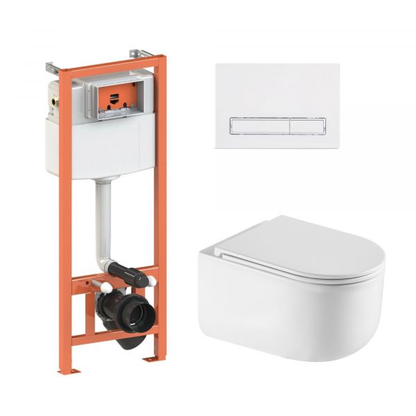 Комплект: Qtap Taurus Ultra Quiet подвесной унитаз QT2433084EUQW + Nest комплект установки 4в1 (Клавиша линейная White) QT0133M425 + QT0111M08V1384W