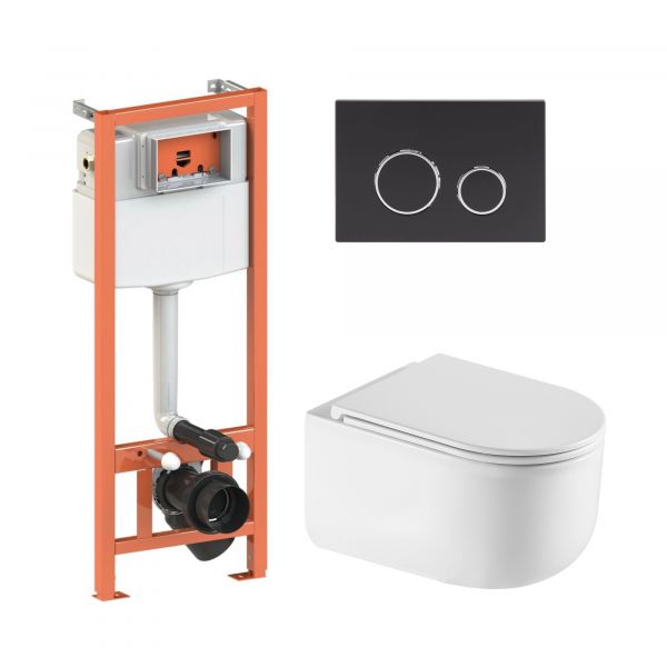 Комплект: Qtap Taurus Ultra Quiet подвесной унитаз QT2433084EUQW + Nest комплект инсталляции 4в1 (Клавиша круглая Black mat) QT0133M425+QT0111M11V1146MB