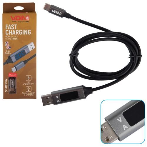 Кабель VOIN CC-3201C GY, USB-Type C 3А, 1m, grey з дисплеєм (CC-3201C GY)