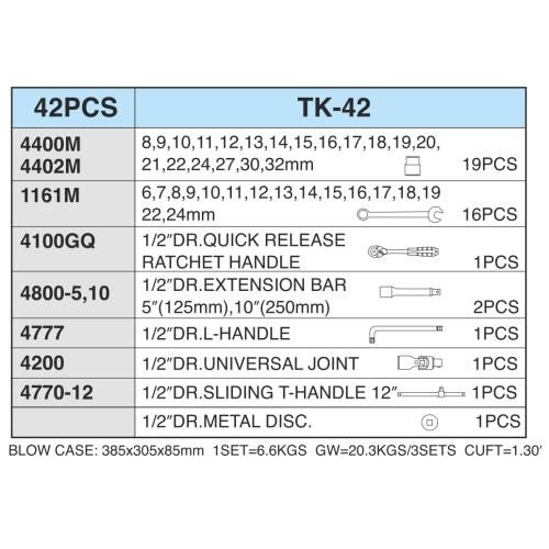 Набор торцевых головок 1/2" 8-32мм и комбинированных ключей 42 пр. (TK-42) HANS (TK-42)