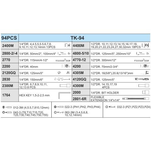 Набор торцов. головок профессиональный 1/4"DR4-14мм и 1/2"DR10-32 мм,94 предм(TK-94) HANS (TK-94)