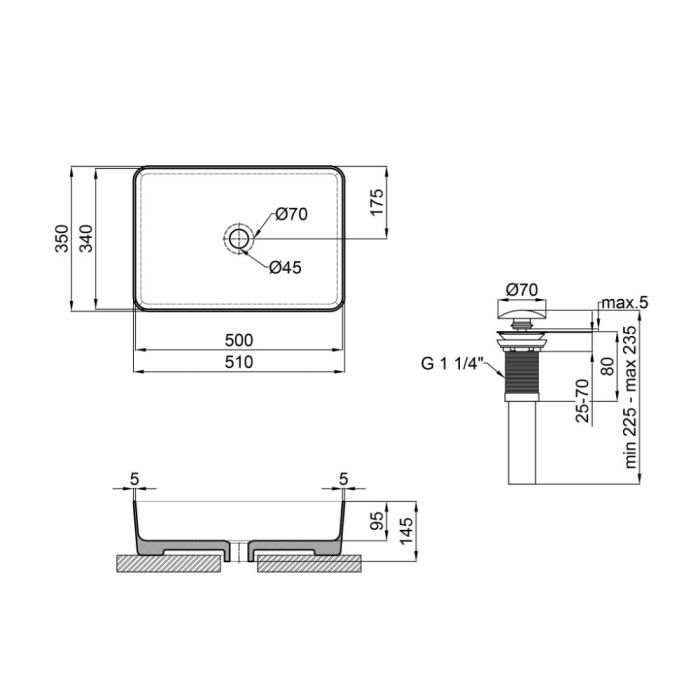 Комплект Qtap Tern: Раковина накладная прямоугольная 500х350х145 мм Matt Black + Донный клапан PU03