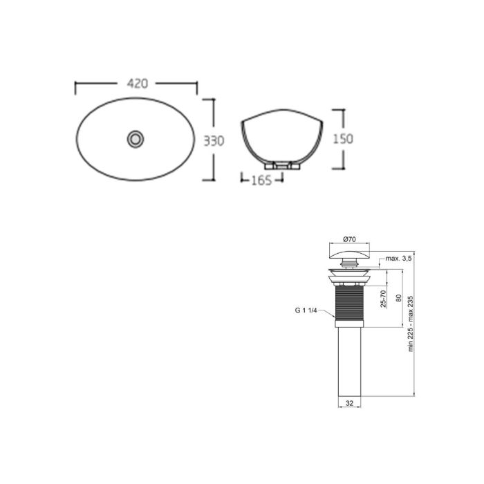 Комплект Qtap Dove: Накладная раковина овальная 410x335x145 мм White + Донный клапан PU02