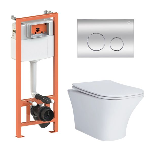 Готовое решение Qtap для ванной комнаты: подвесной унитаз Presto + комплект установки Nest 4 в 1 (линейная клавиша Chrome)