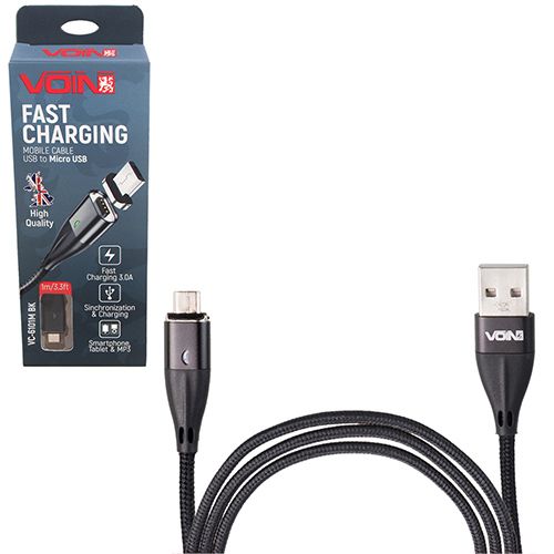 Кабель магнітний VOIN USB - Micro USB 3А, 1m, black (швидка зарядка / передача даних) (VC-6101M BK)