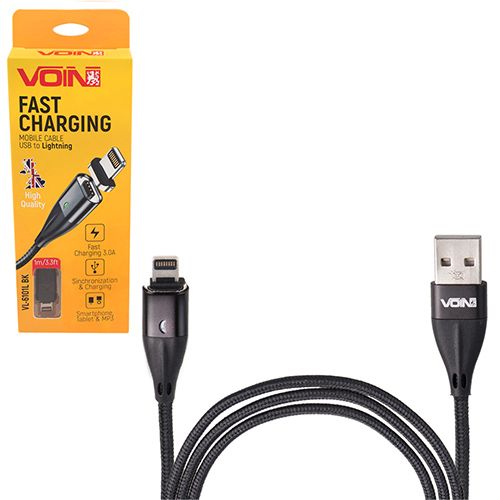 Кабель магнитный VOIN USB - Lightning 3А, 2m, black (быстрая зарядка/передача данных)